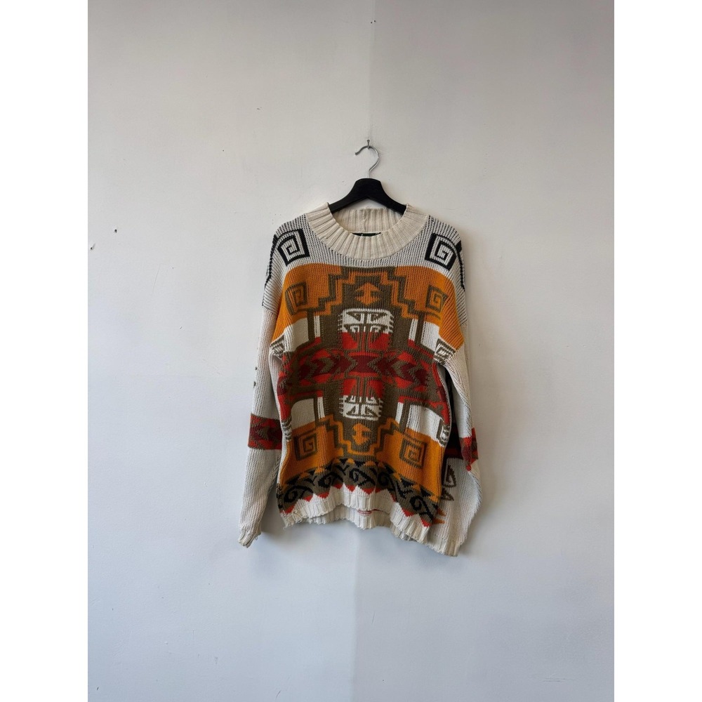 Vintage Hunt Club Sweater Mens Medium Cream‎ Aztec Geometric Pullover USA 80s